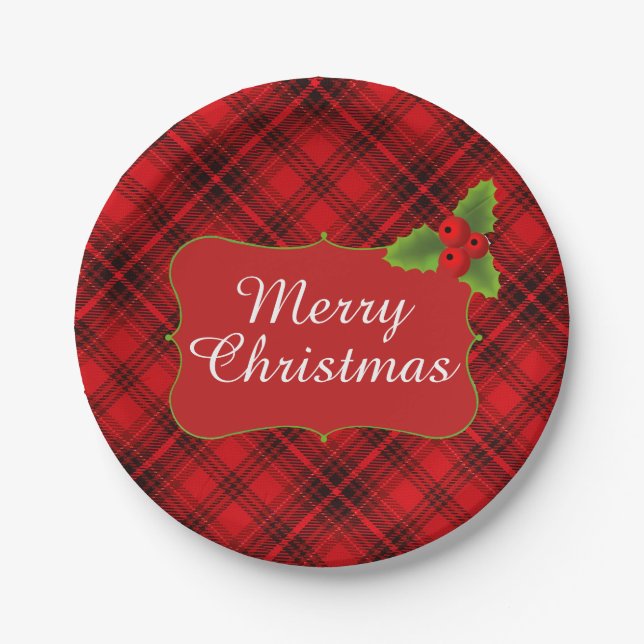 Red Plaid Merry Christmas Party Paper Plate (Front)