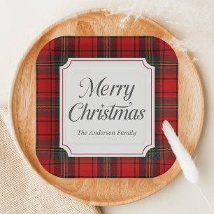 Red Plaid Merry Christmas Square Paper Plate