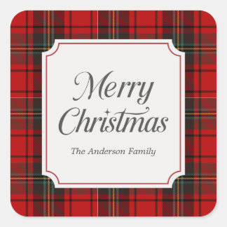 Red Plaid Merry Christmas Square Sticker