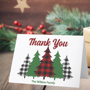 Red Plaid Merry Christmas Trees Custom Folded Thank You Card
