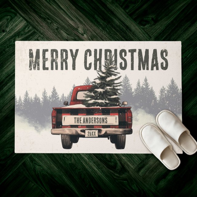 Red Plaid Merry Christmas Truck Custom Family Name Doormat (Creator Uploaded)