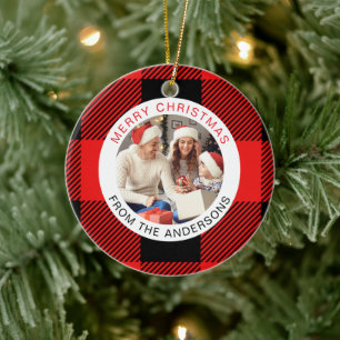 Red Plaid Modern Simple Christmas Family 2 Photo Ceramic Tree Decoration
