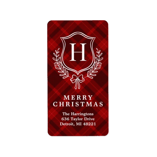 Red Plaid Monogram Christmas Return Address Label (Front)