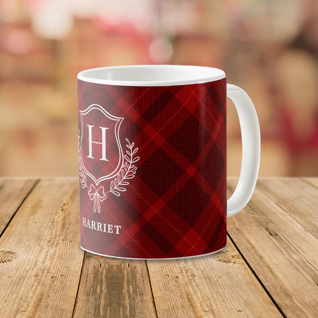 Red Plaid Monogram Initial Tartan Coffee Mug (Creator Uploaded)