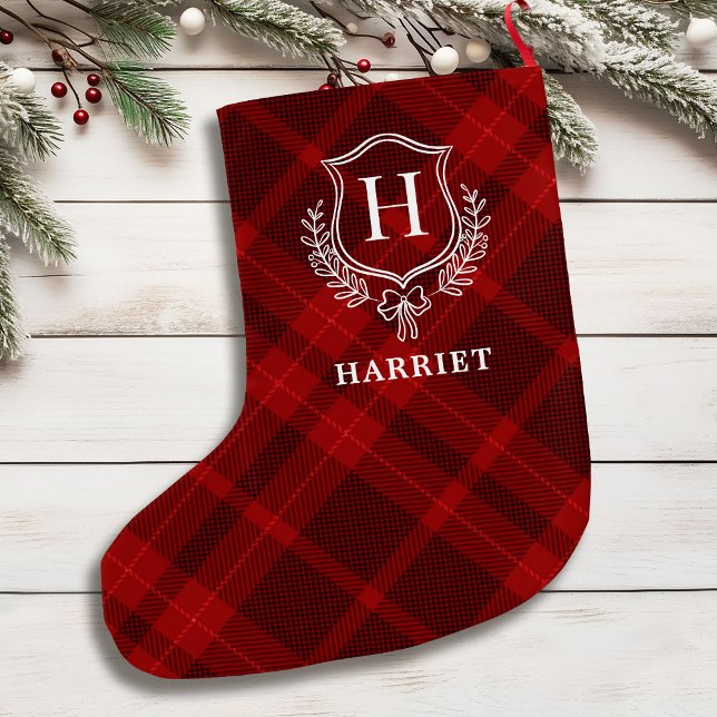 Red Plaid Monogram Initial Tartan Large Christmas Stocking (Creator Uploaded)