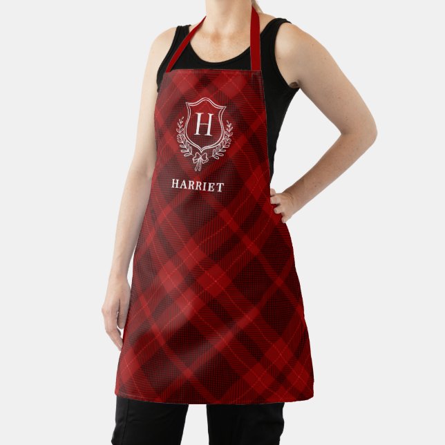 Red Plaid Monogram Name Apron (Insitu)