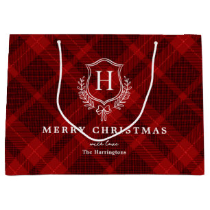 Red Plaid Monogram Name Christmas Large Gift Bag