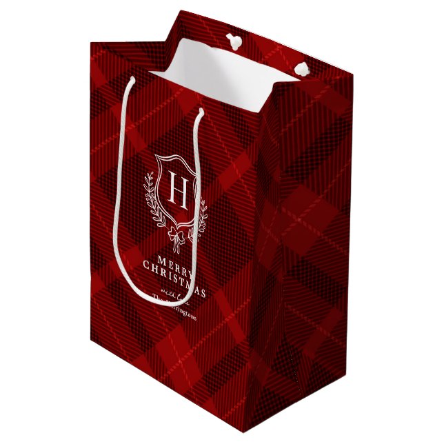 Red Plaid Monogram Name Christmas Medium Gift Bag (Front Angled)