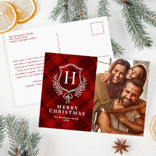 Red Plaid Monogram Photo Christmas Holiday Postcard