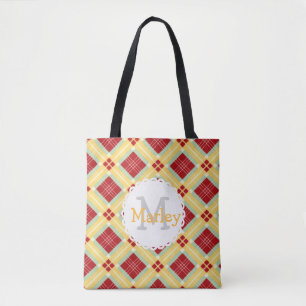 Red Plaid Monogram Tote Bag