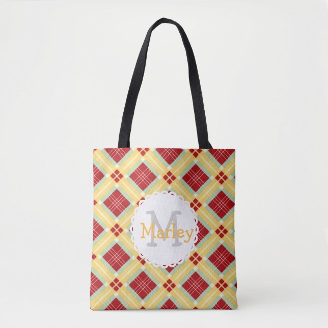 Red Plaid Monogram Tote Bag (Front)