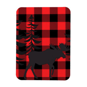 Red Plaid Moose Silhouette Magnet