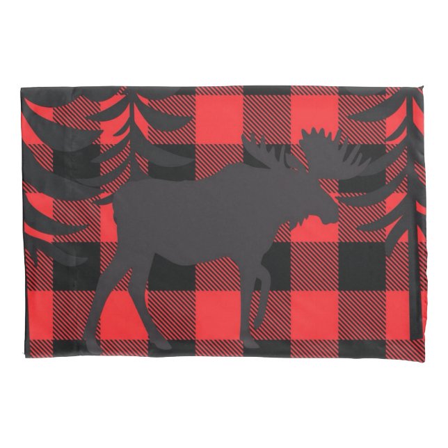 Red Plaid Moose Silhouette Pillowcase (Front)