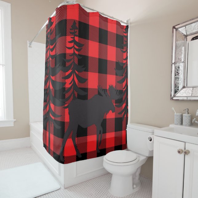 Red Plaid Moose Silhouette Shower Curtain (In Situ)