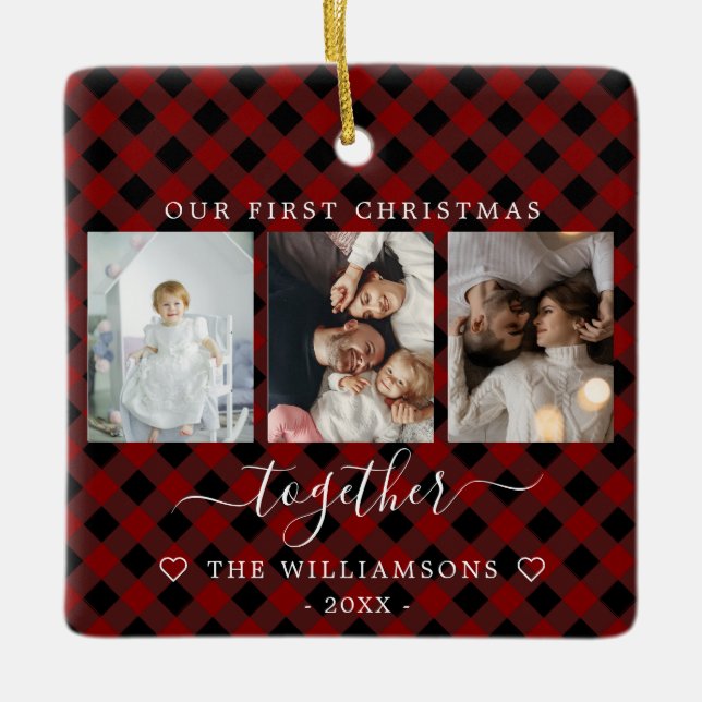 Red plaid multiphoto first Christmas together Ceramic Ornament (Front)