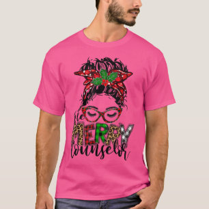 Red Plaid One Merry Counsellor Messy Bun Christmas T-Shirt