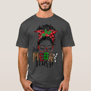Red Plaid One Merry School Nurse Messy Bun Christm T-Shirt