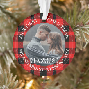 Red Plaid Our first Christmas Mr. and Mrs. 2 Photo Ornament