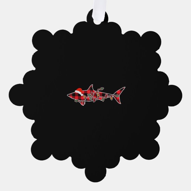 Red Plaid Pajama Shark Santa Hat Christmas Light Tree Decoration Card (Front)