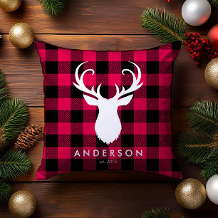 Red Plaid Pattern and Deer Christmas Cushion