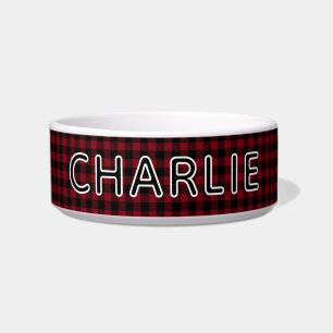 Red Plaid Pattern Christmas Personalised Dog Bowl