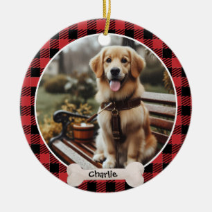 Red Plaid Pattern Custom Name And Cute Pet Photo Ceramic Tree Decoration