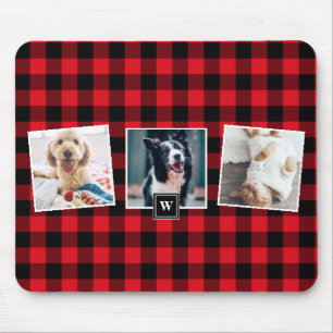 Red Plaid Pattern Three Photo Collage Monogram Mouse Pad