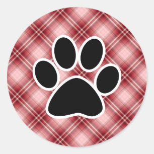 Red Plaid Paw Print Classic Round Sticker
