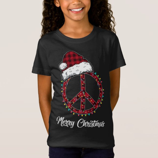 Red Plaid Peace Sign Christmas Lights Hippie Costu T-Shirt (Front)