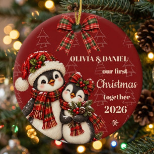 Red Plaid Penguin Our First Christmas Together Ceramic Tree Decoration