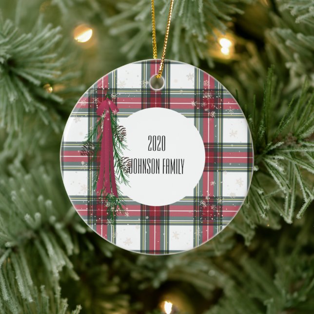 Red Plaid Personalised Christmas Ceramic Ornament (Tree)