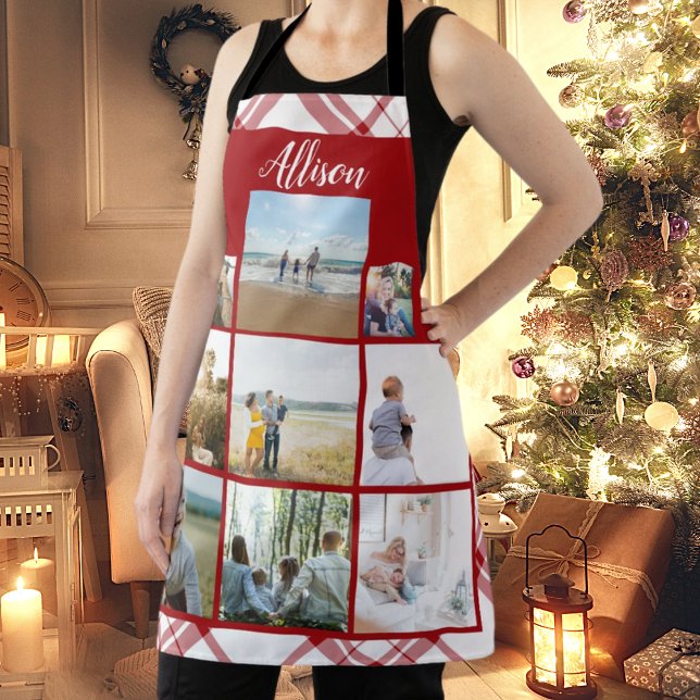 Red Plaid Personalised Family Photo Collage Name Apron (Creator Uploaded)
