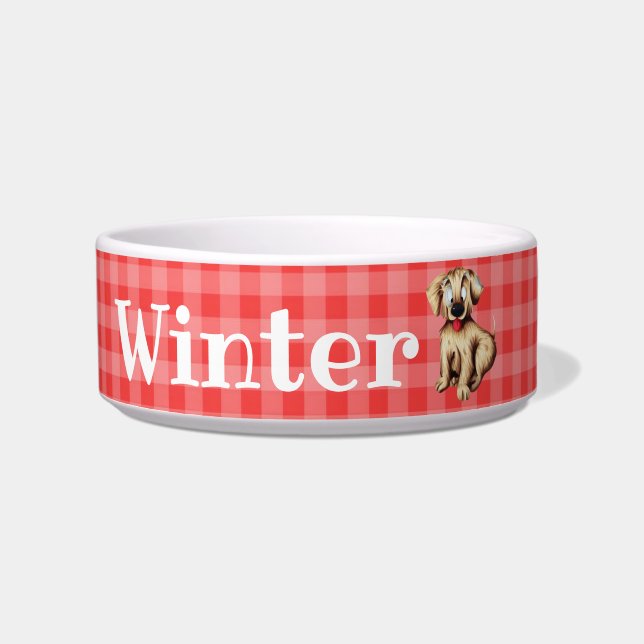 Red Plaid Personalised Illustrated Dog Bowl (Front)
