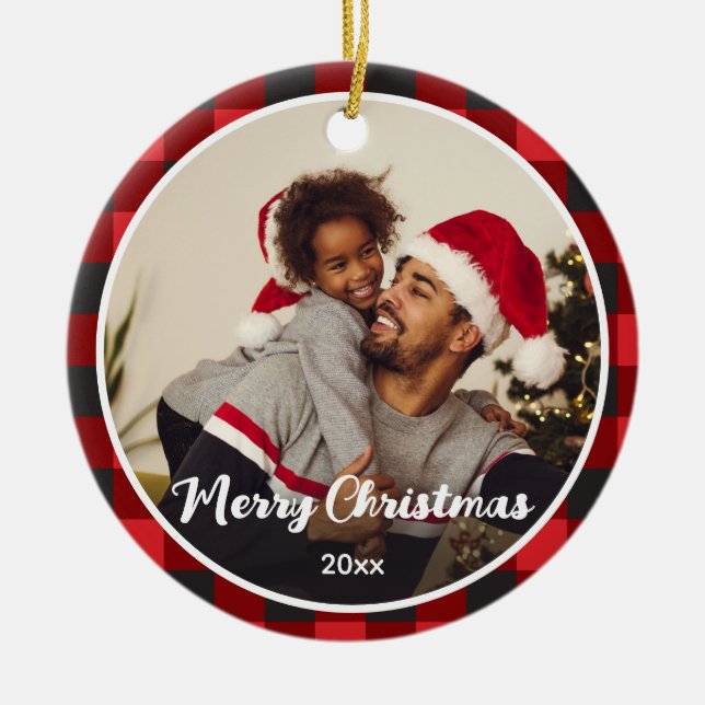 Red Plaid Photo Christmas Ceramic Tree Decoration (Front)