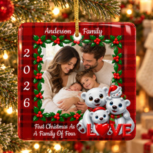 Red Plaid Photo Family of Four First Christmas Ceramic Ornament
