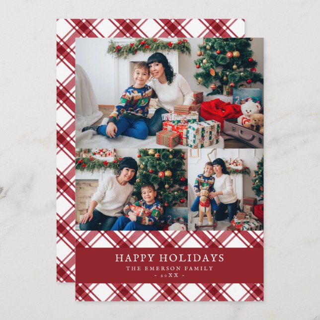 Red Plaid Photo Happy Holidays Card (Front/Back)