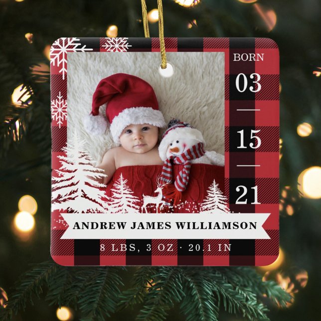Red Plaid Pine Tree Baby Birth Stats & Photos Ceramic Ornament (Red Plaid Pine Tree Baby Birth Stats & Photos Ceramic Ornament)