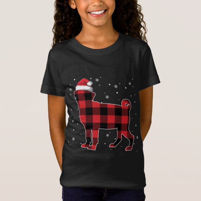 Red Plaid Pug Christmas Santa Hat Pajama Gift Dog  T-Shirt (Front)
