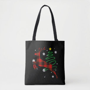 Red Plaid Reindeer Buffalo Deer Christmas Pajama Tote Bag