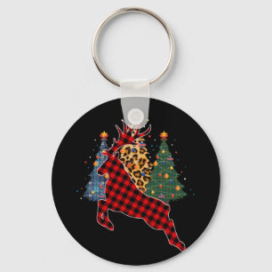 Red Plaid Reindeer Buffalo Deer Family Pajama Key Ring