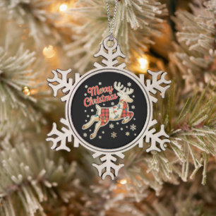 Red Plaid Reindeer Buffalo Merry Christmas Pajama Snowflake Pewter Christmas Ornament