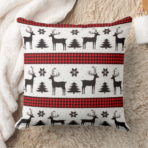 Red Plaid Reindeer & Christmas Tree Cushion
