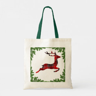 Red Plaid Reindeer Colourful Christmas Holiday Tote Bag
