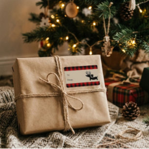 Red Plaid Reindeer Dachshund Gift Tag Labels