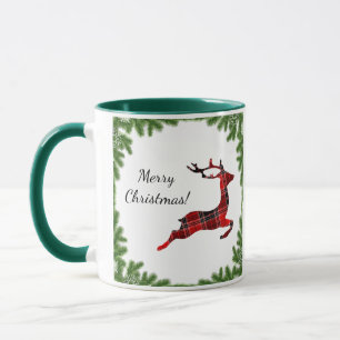 Red Plaid Reindeer Merry Christmas Holiday Mug