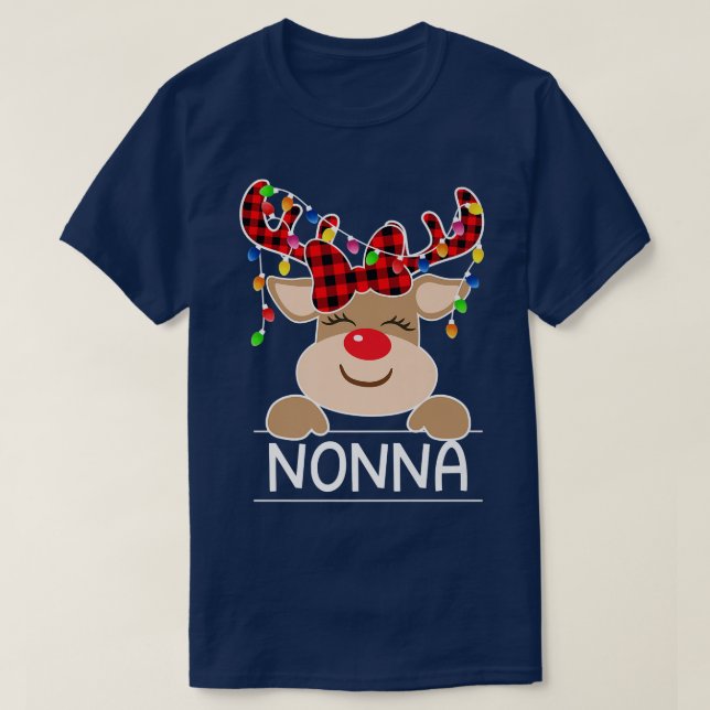 Red Plaid Reindeer Nonna Christmas Light Christmas T-Shirt (Design Front)