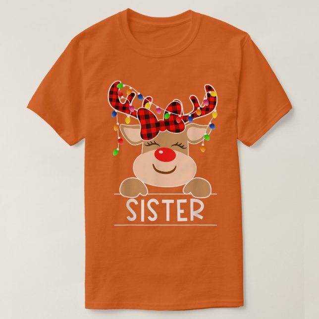 Red Plaid Reindeer Sister Christmas Light Christma T-Shirt (Design Front)