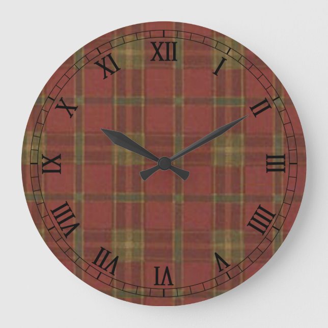 Red Plaid Round Roman Numerals Clock (Front)