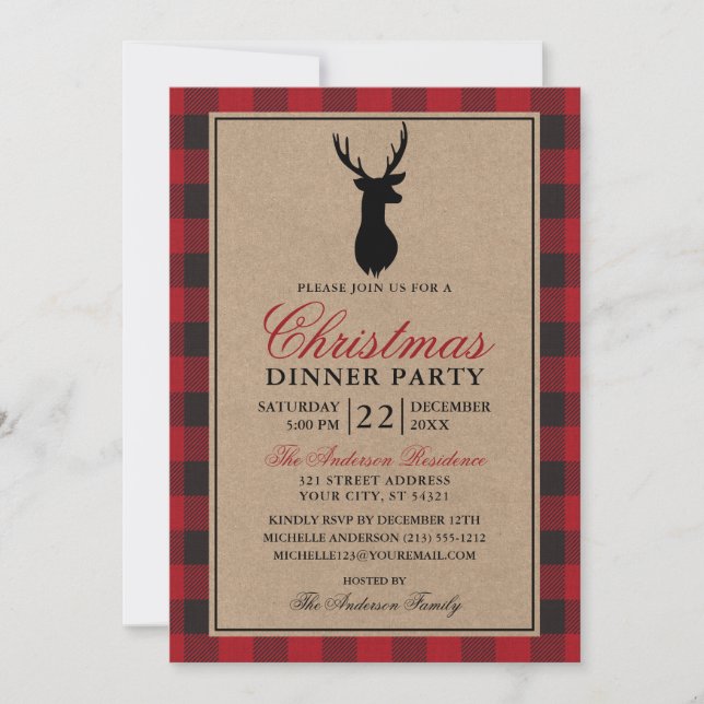 Red Plaid Rustic Christmas Dinner Party Kraft Invitation (Front)