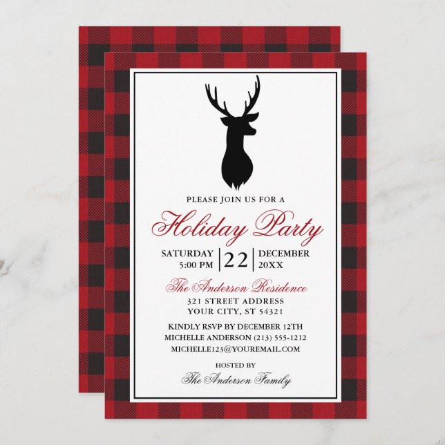 Red Plaid Rustic Holiday Party Invitation (Front/Back)